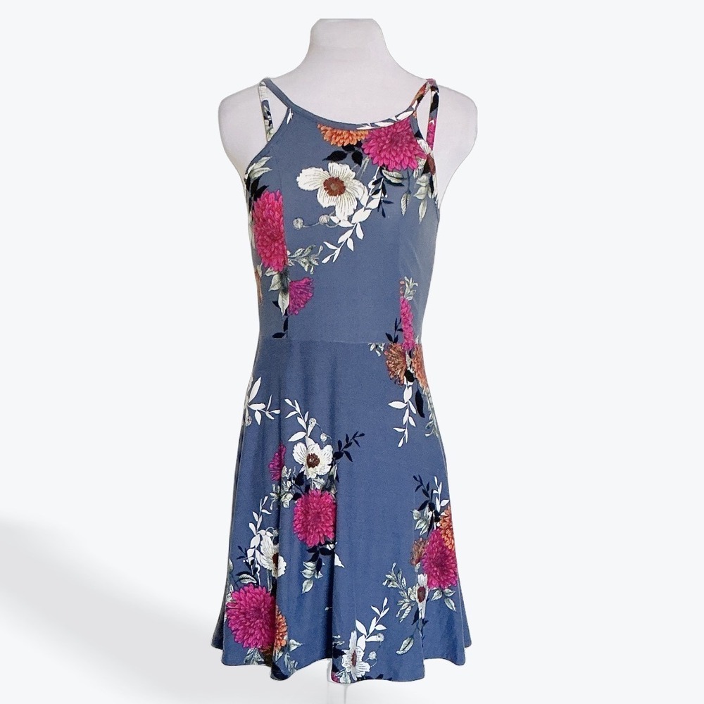 Planet Gold Womens Blue Floral‎ Skater Dress Sleeveless Strappy Halter Small